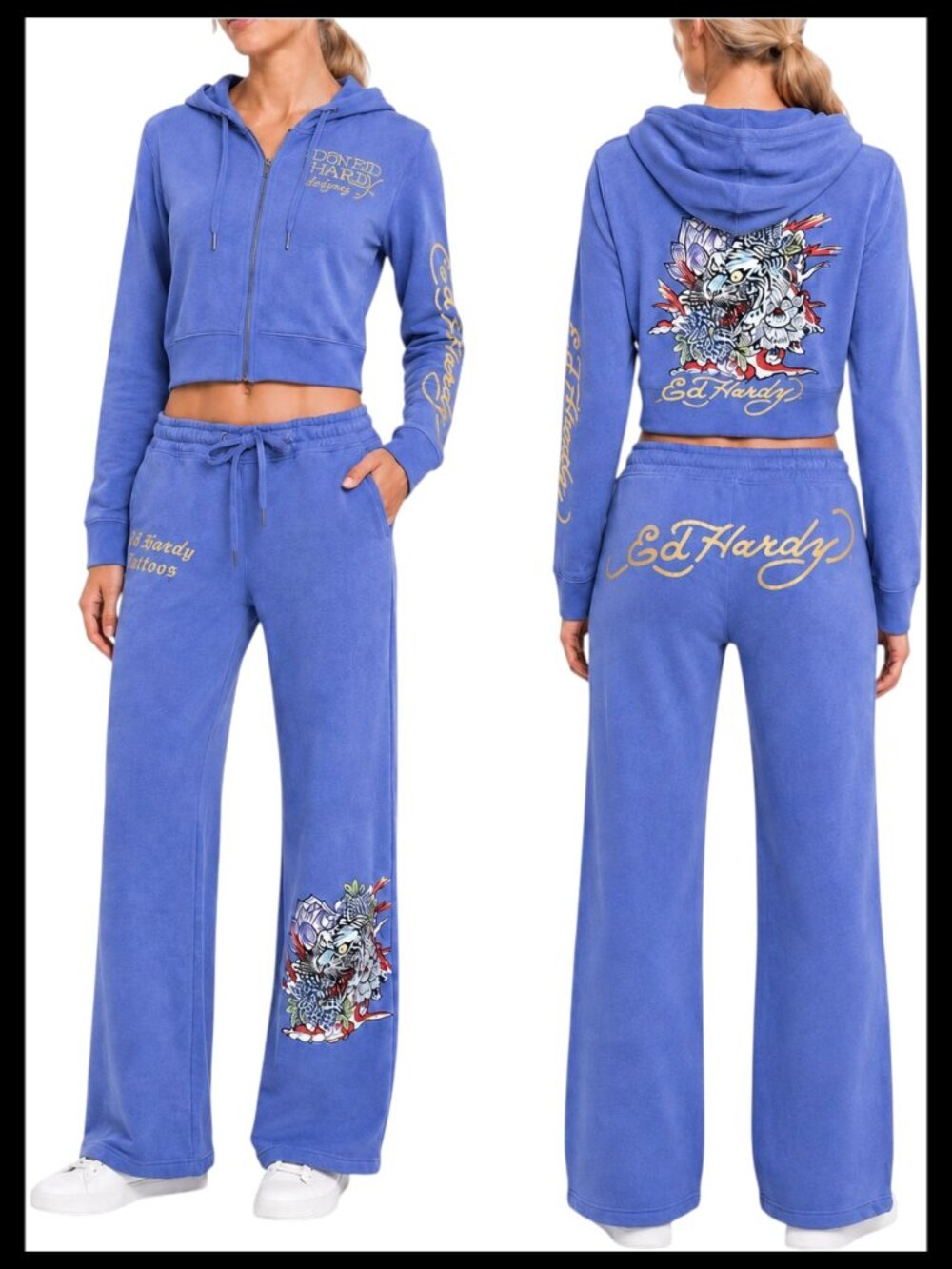 Ed Hardy Lotus Love Blue Skies Cropped Hoodie Wide Leg Sweatpants Set L/XL
